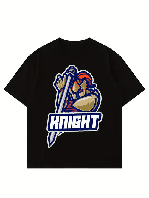 Available in Six Sizes, This 180G Black Short-Sleeve T-Shirt Features a Knight Print, Perfect for Casual Daily Wear. It Comes in a Similar Style for Both Men And Women, Ideal for Summer 2026