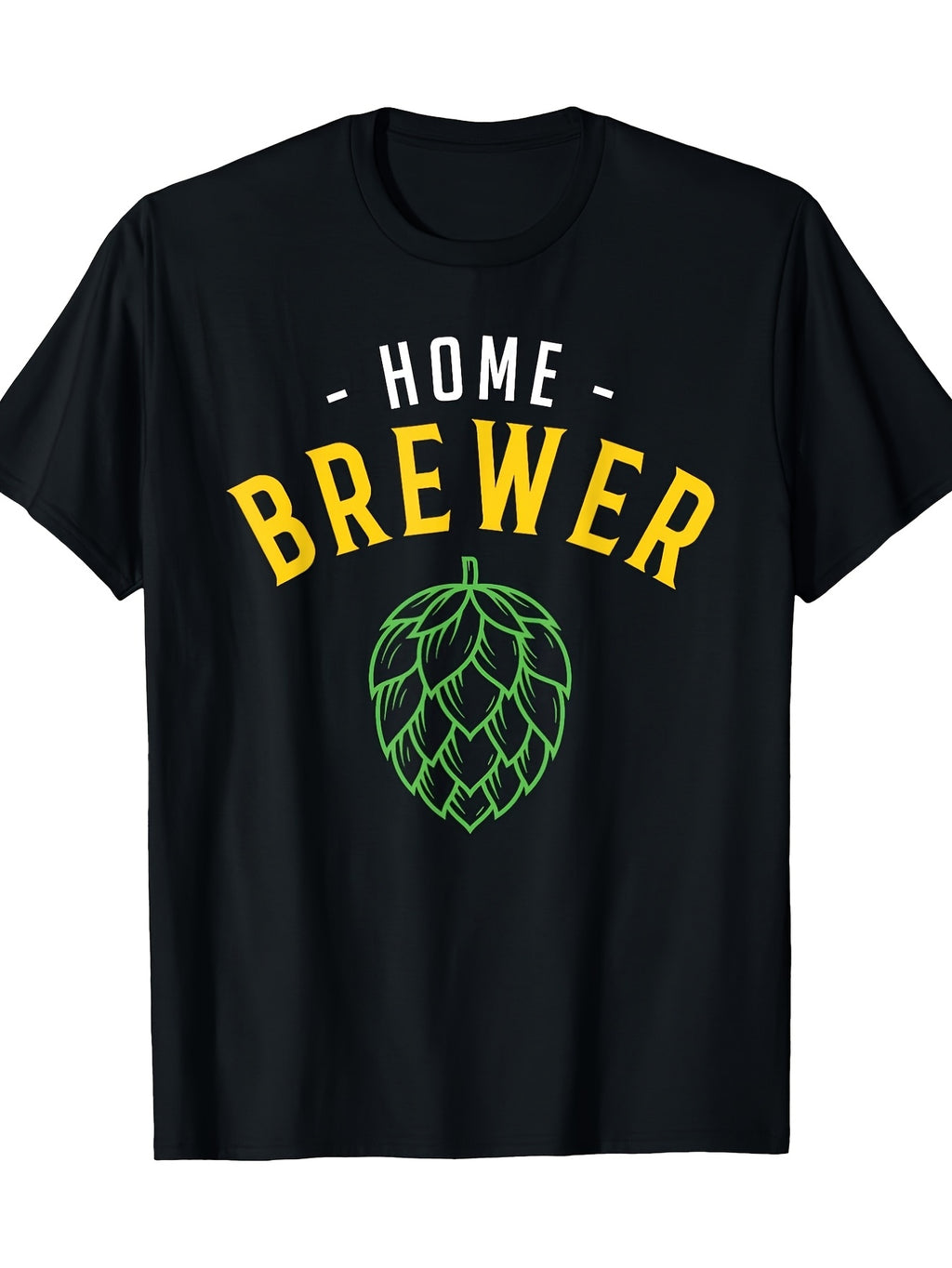 Men'S Home Brewer T-Shirt | 100% Casual Tee with Bold HOME BREWER Design, Perfect Gift for Craft Beer Enthusiasts, Black with Yellow and Green Hops Illustration, Short Sleeve, Round Neck, 180G Fabric, Regular Fit