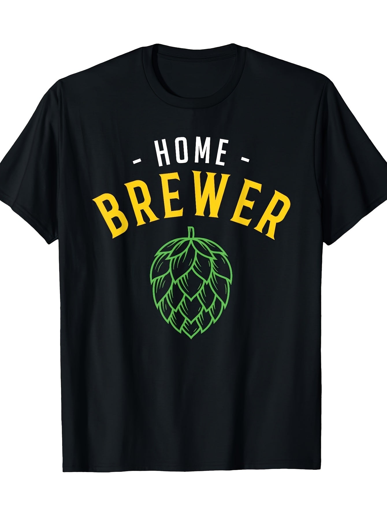 Men'S Home Brewer T-Shirt | 100% Casual Tee with Bold HOME BREWER Design, Perfect Gift for Craft Beer Enthusiasts, Black with Yellow and Green Hops Illustration, Short Sleeve, Round Neck, 180G Fabric, Regular Fit