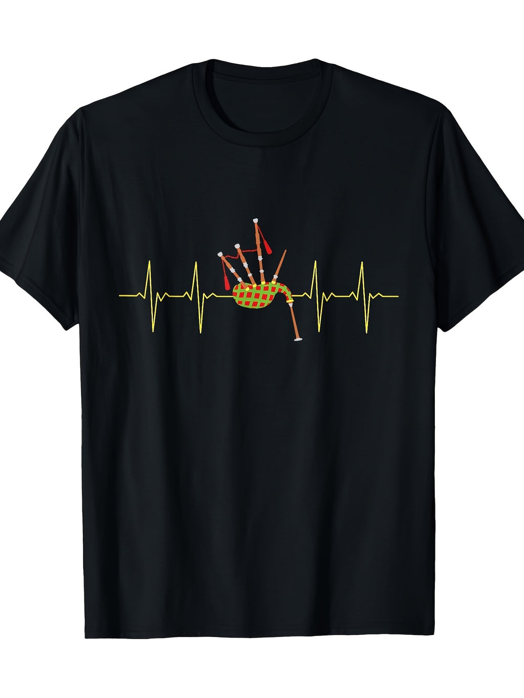 Bagpipe Heartbeat Pattern-Shirt- Heavy -Shirt with Heartbeat Line Design- Scottish Bagpipe Players and Music Lovers- Black Shirt with Red Bagpipes- Regular Fit Adult Casual Wear Musician A Same Style for Men and Women 2026 Summer Short-sleeved