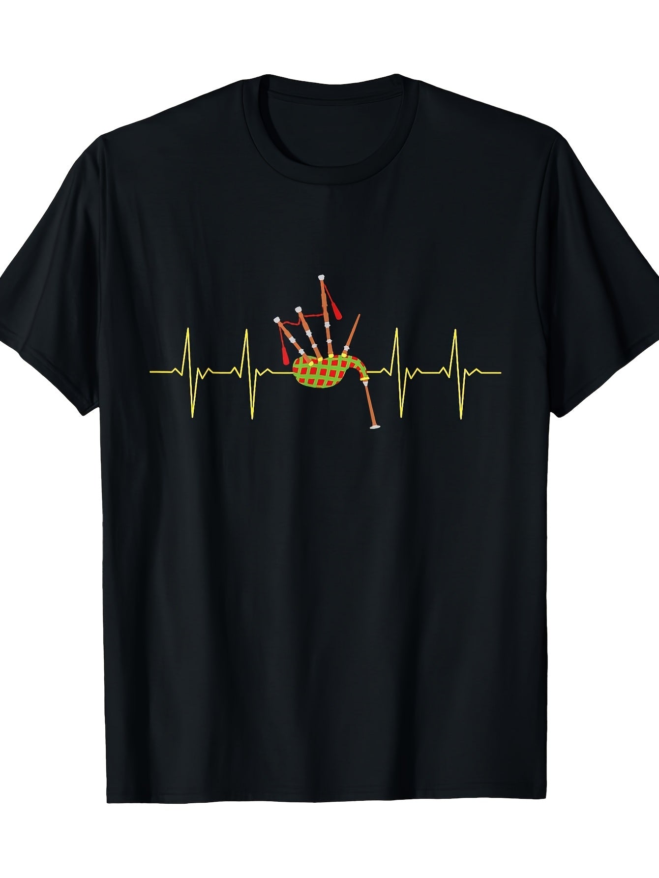 Bagpipe Heartbeat Pattern-Shirt- Heavy -Shirt with Heartbeat Line Design- Scottish Bagpipe Players and Music Lovers- Black Shirt with Red Bagpipes- Regular Fit Adult Casual Wear Musician A Same Style for Men and Women 2026 Summer Short-sleeved