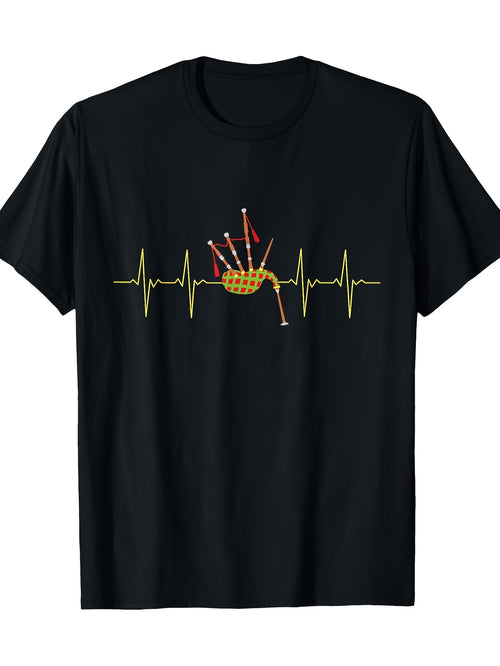 Bagpipe Heartbeat Pattern-Shirt- Heavy -Shirt with Heartbeat Line Design- Scottish Bagpipe Players and Music Lovers- Black Shirt with Red Bagpipes- Regular Fit Adult Casual Wear Musician A Same Style for Men and Women 2026 Summer Short-sleeved