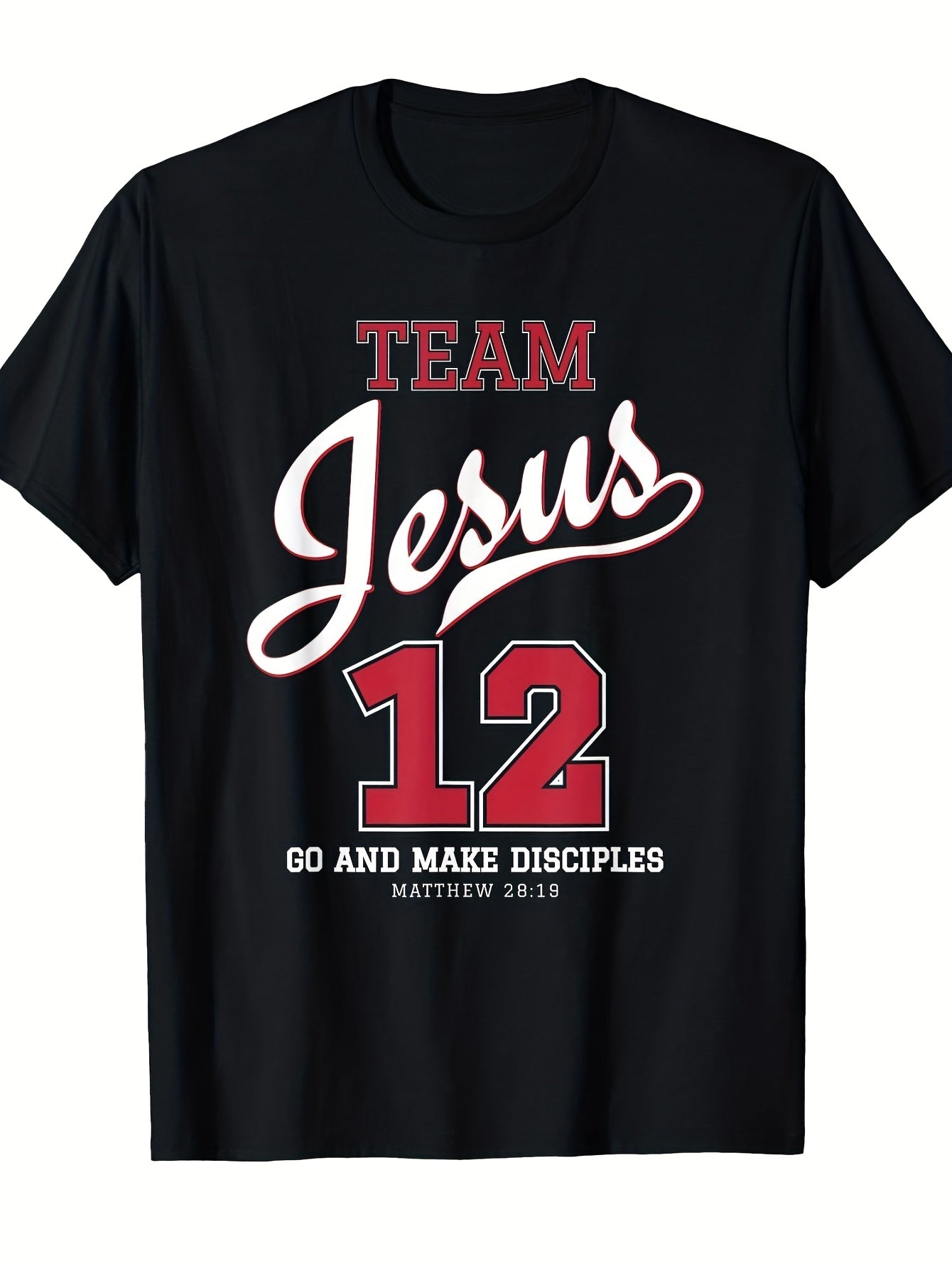 Men's Heavyweight Sm Christian for Team T-Shirt with Number 12 & Matthew 28 19 Verse Design - for Team Lettering & Bible Verse Print Casual Church Wear Short Sleeve Round Neck Faith-Based A Same Style for Men and Women 2026 Summer Short-sleeved