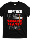 A T-Shirt Featuring a Design That Says 'Brother by Day, Zombie Slayer by Night' Suitable for Halloween. Available in a Similar Style for Both Men And Women, This Short-Sleeved Printed Tee Is Perfect for Summer 2026 And Weighs 6.35 oz
