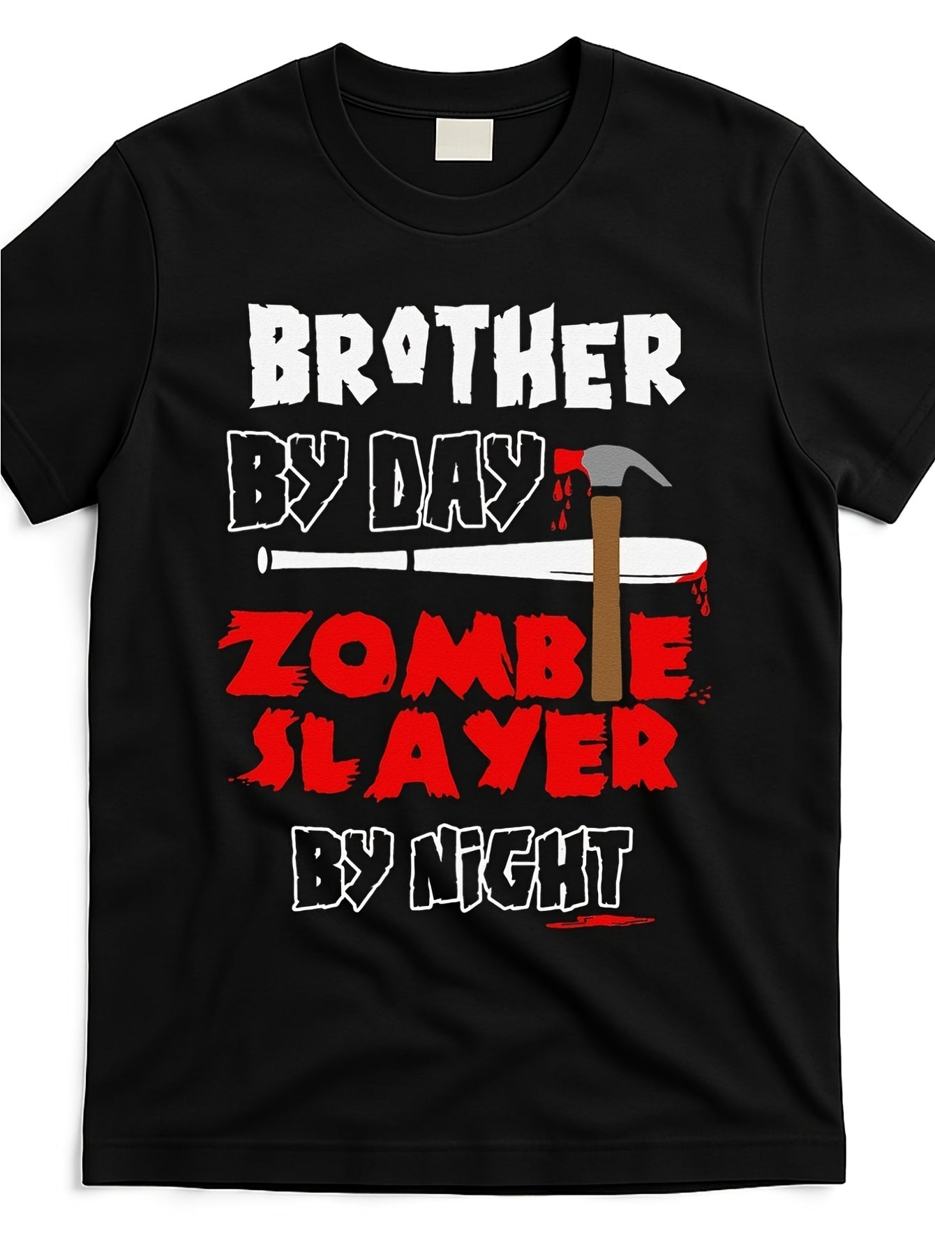 A T-Shirt Featuring a Design That Says 'Brother by Day, Zombie Slayer by Night' Suitable for Halloween. Available in a Similar Style for Both Men And Women, This Short-Sleeved Printed Tee Is Perfect for Summer 2026 And Weighs 6.35 oz