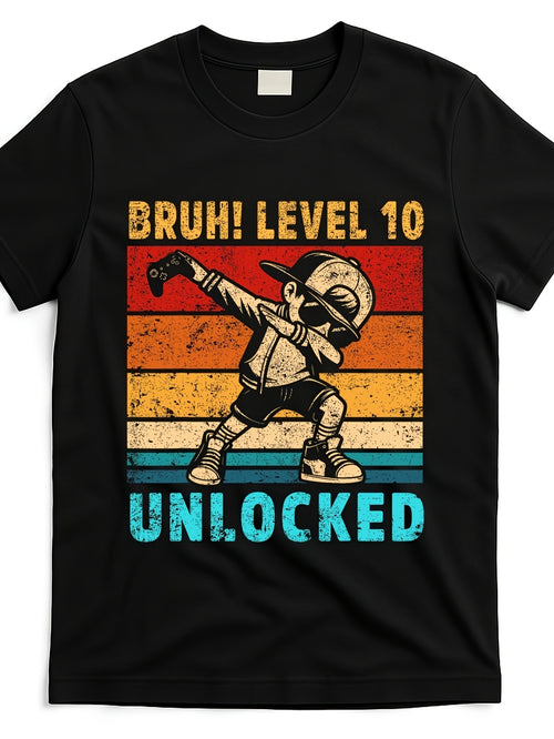 10th Birthday Gaming T Shirt Retro Vintage Bruh Level 10 Unlocked Design Soft Breathable Crew Neck Tee for Adults Birthday Party Outfit or Gamer Apparel Funny Gaming Achievement Sh Same Style for Men and Women 2026 Summer Short-sleeved Printed T