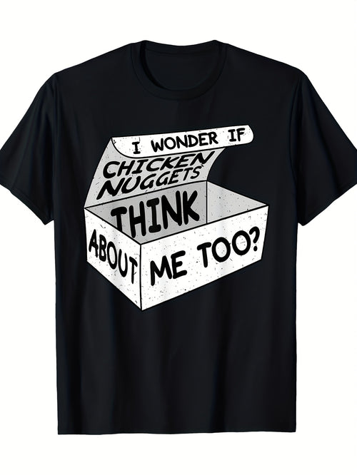 1pc Men's T-Shirt with Chicken Nugget Graphic - I Wonder If Chicken Nuggets for THINK About Me Too Print Casual Round Neck Short Sleeve Knit Fabric Regular Fit Mature Style All-Season Wear Same Style for Men and Women 2026 Summer Short-sleeved