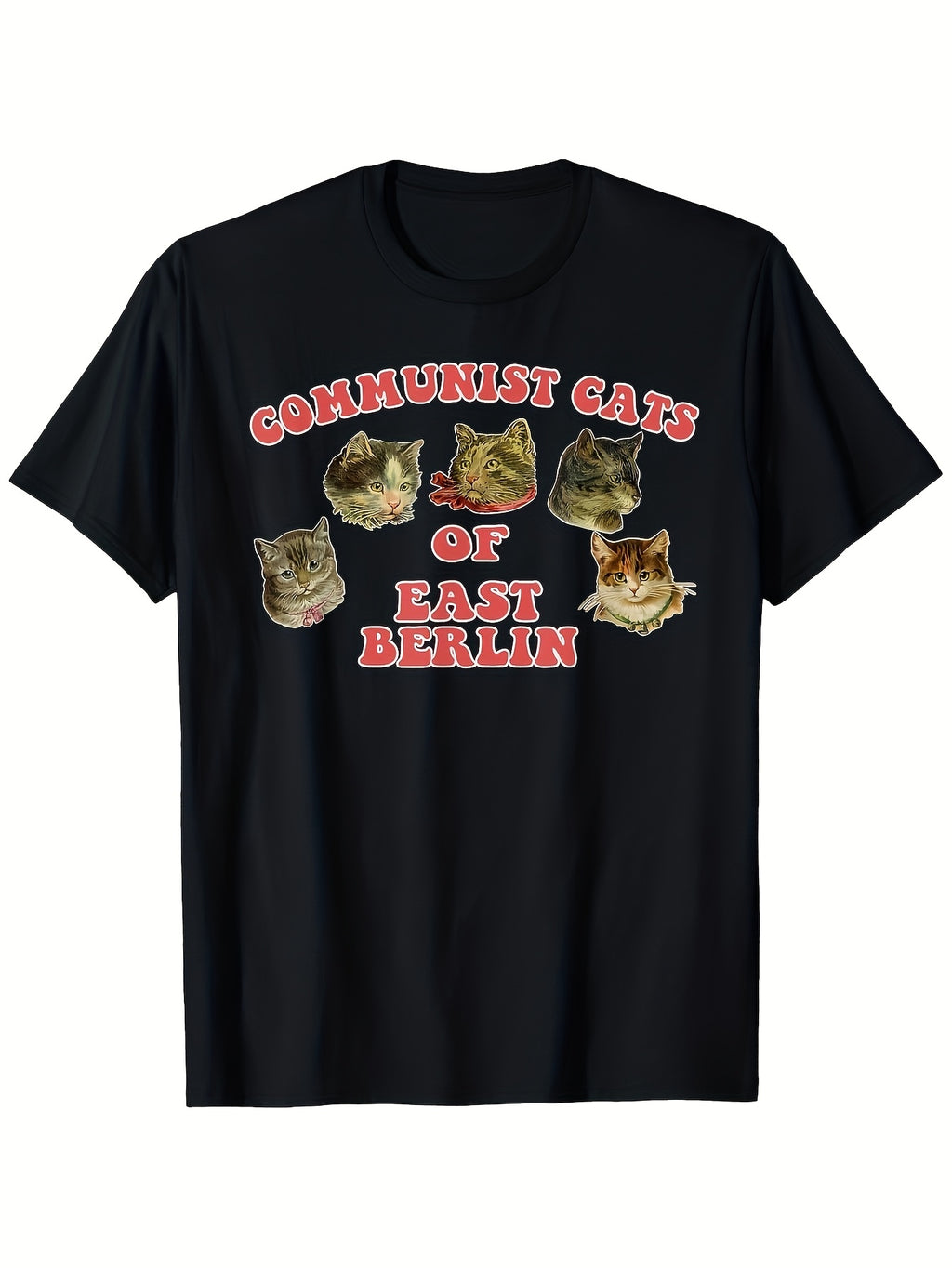 Men'S Funny Communist Cats of East Berlin Graphic T-Shirt | Humorous Cold War Novelty Tee with Red Text & Design, Casual Round Neck, Short Sleeve, Regular Fit, Slight Stretch Fabric, Vintage Style, Perfect for Weekend Casual & Daily Wear, 180G