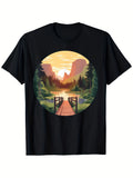 Men's National Park Lakeside Pier Adventure Graphic T-Shirt - 100% 180gsm Relaxed Fit Round Neck Tee with Vibrant Sunset Mountain & Lake Print All-Season Casual Wear Machine Washable Si Same Style for Men and Women 2026 Summer Short-sleeved Printed