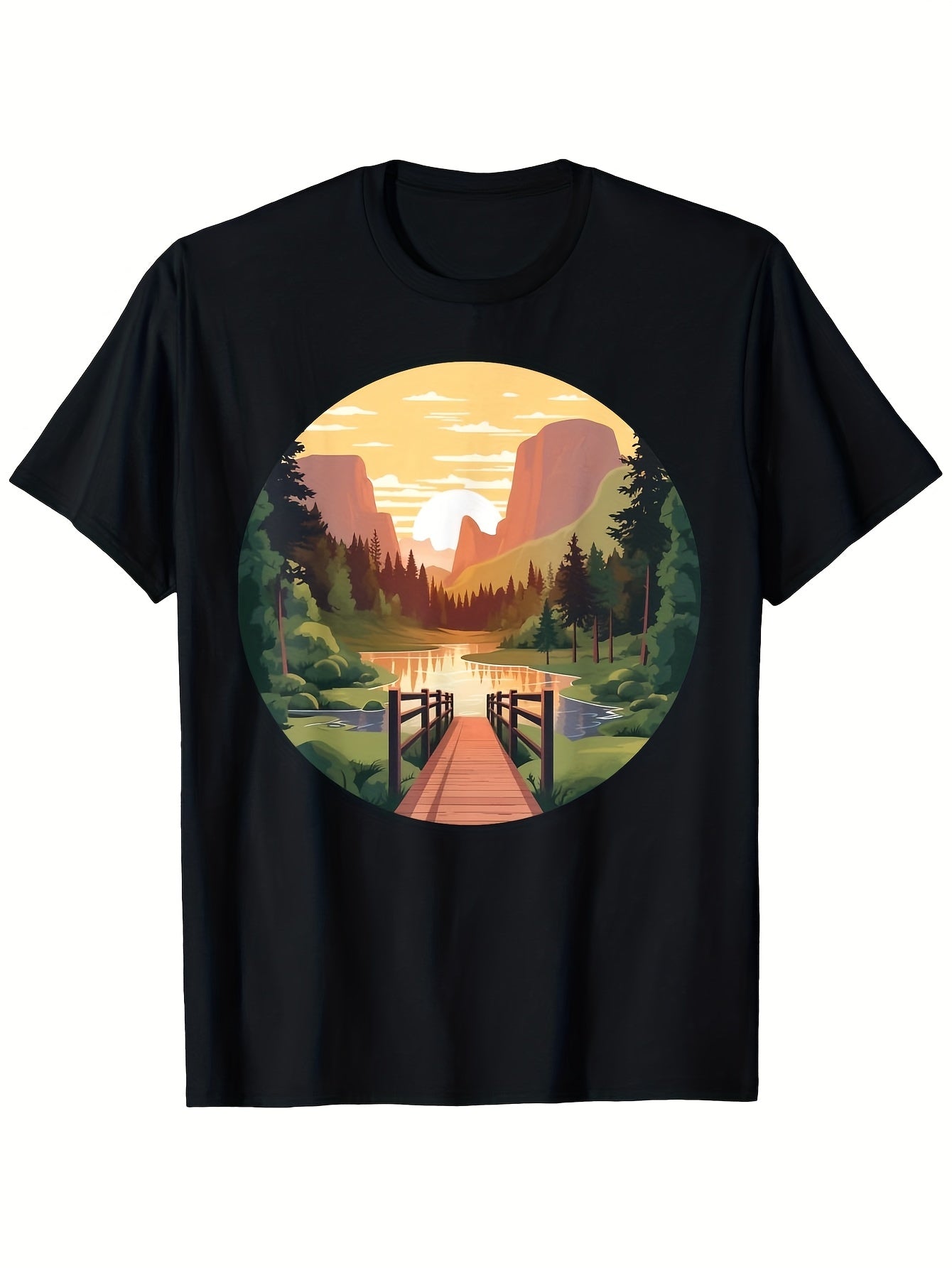 Men's National Park Lakeside Pier Adventure Graphic T-Shirt - 100% 180gsm Relaxed Fit Round Neck Tee with Vibrant Sunset Mountain & Lake Print All-Season Casual Wear Machine Washable Si Same Style for Men and Women 2026 Summer Short-sleeved Printed