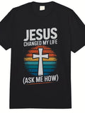 Men'S Heavyweight Christian T-Shirt | Changed My Life Ask Me How & John 14:6 Bible Verse Design, Black with White Cross & Rainbow Faith Colors, Casual Church Wear, Short Sleeve, Round Neck, 180G Fabric