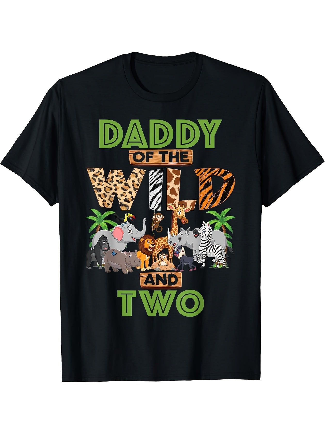 2nd Birthday Zoo Safari Jungle Daddy Of The Wild and Two T Shirt 180G 100% Printed Round Neck Short Sleeve T Shirt New Year Gifts for Men Dad Husband Grandpa S XXXL Black Same Style for Men and Women 2026 Summer Short-sleeved Printed T-shirt 180G