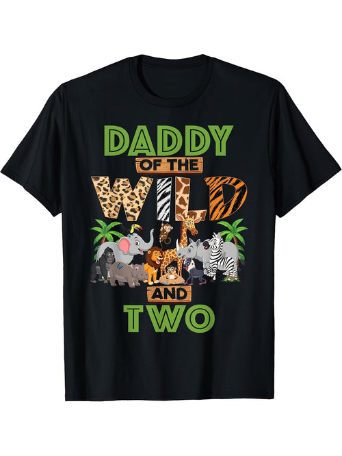 2nd Birthday Zoo Safari Jungle Daddy Of The Wild and Two T Shirt 180G 100% Printed Round Neck Short Sleeve T Shirt New Year Gifts for Men Dad Husband Grandpa S XXXL Black Same Style for Men and Women 2026 Summer Short-sleeved Printed T-shirt 180G
