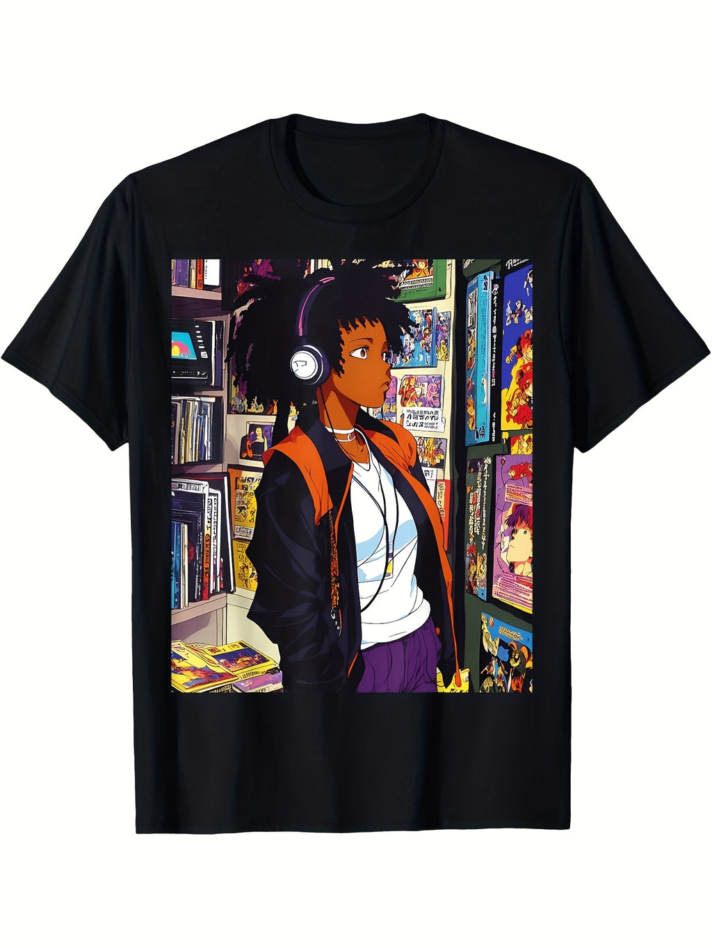 Men's Retro 90s Anime Afro Cartoon T-Shirt - Pure Soft & Breathable Black with Vibrant Anime Graphic Design Perfect for All Seasons Great Gift for Easter & Father's Day Plus Size L-5X Same Style for Men and Women 2026 Summer Short-sleeved Printed