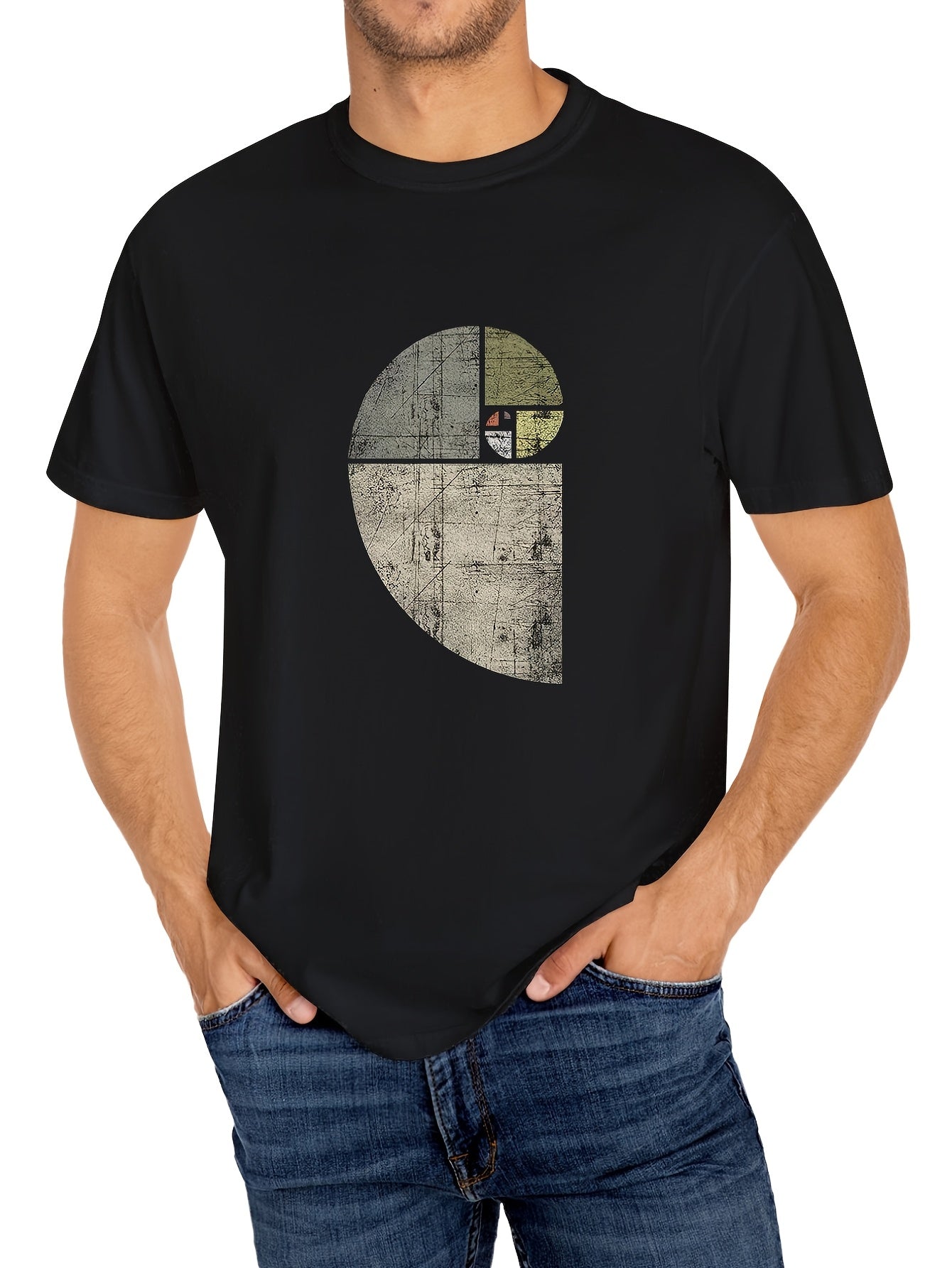 DERNM Men's Casual T-Shirt with Geometric Moon Phase Design - Black & White Distressed Print Breathable Round Neck Tee for Summer Regular Fit Casual Attire Summer Clothing Modern Casualw Same Style for Men and Women 2026 Summer Short-sleeved