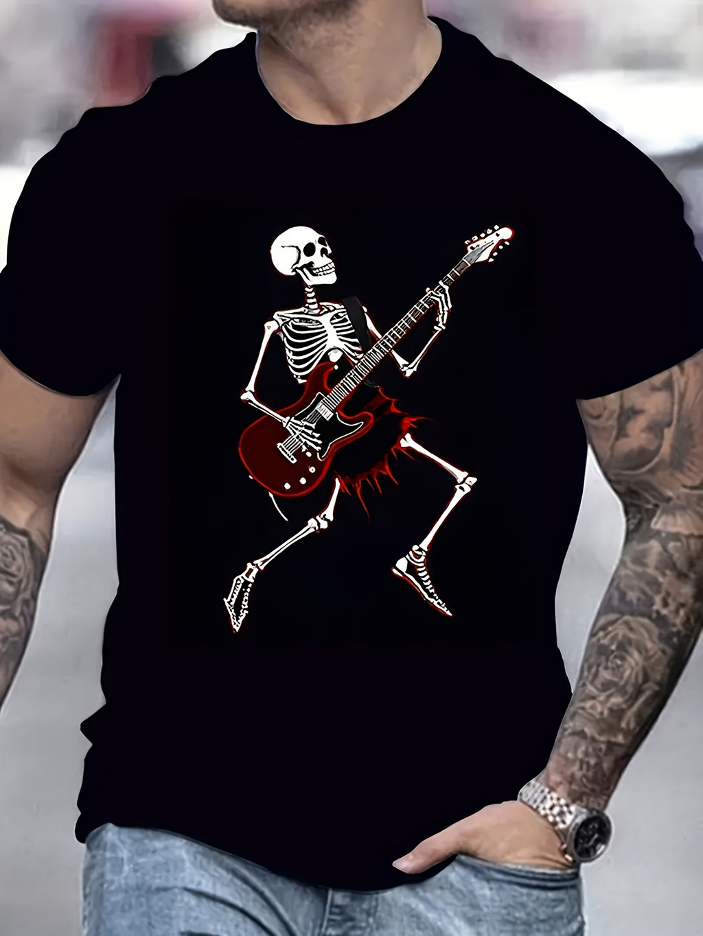 Men's Casual Printed T-Shirt - Skull Playing Guitar Design Stylish and Fashionable Essential for Modern Men Same Style for Men and Women 2026 Summer Short-sleeved Printed T-shirt 180G