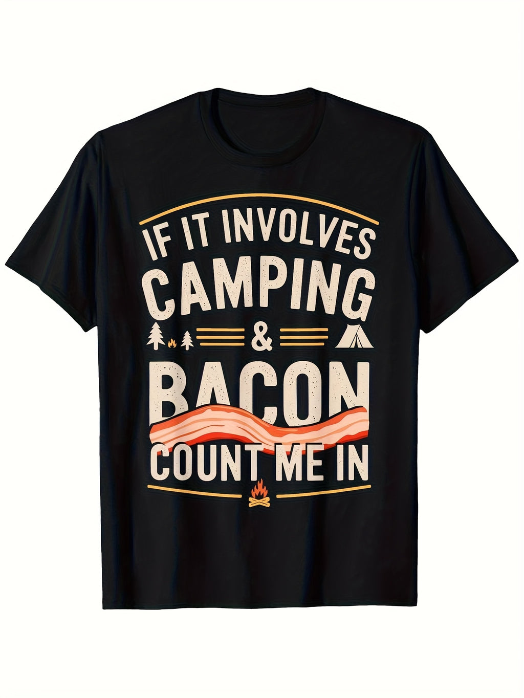 Men's Funny Camping Bacon Saying T-Shirt - If It Involves Camping & Bacon Count Me In Graphic Tee - Heavyweight 180GSM Shirt for Outdoor Camping Trips BBQs - Black with Orange Print - R Same Style for Men and Women 2026 Summer Short-sleeved Printed