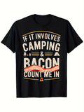 Men's Funny Camping Bacon Saying T-Shirt - If It Involves Camping & Bacon Count Me In Graphic Tee - Heavyweight 180GSM Shirt for Outdoor Camping Trips BBQs - Black with Orange Print - R Same Style for Men and Women 2026 Summer Short-sleeved Printed