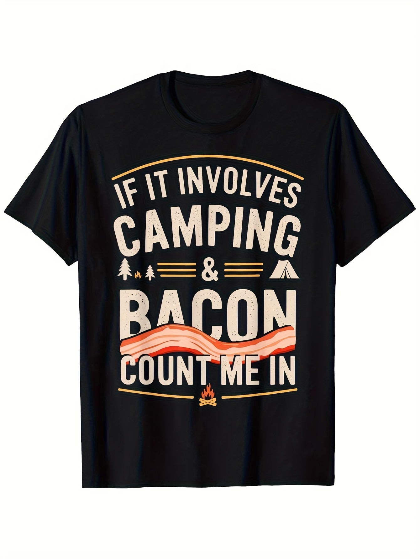 Men's Funny Camping Bacon Saying T-Shirt - If It Involves Camping & Bacon Count Me In Graphic Tee - Heavyweight 180GSM Shirt for Outdoor Camping Trips BBQs - Black with Orange Print - R Same Style for Men and Women 2026 Summer Short-sleeved Printed