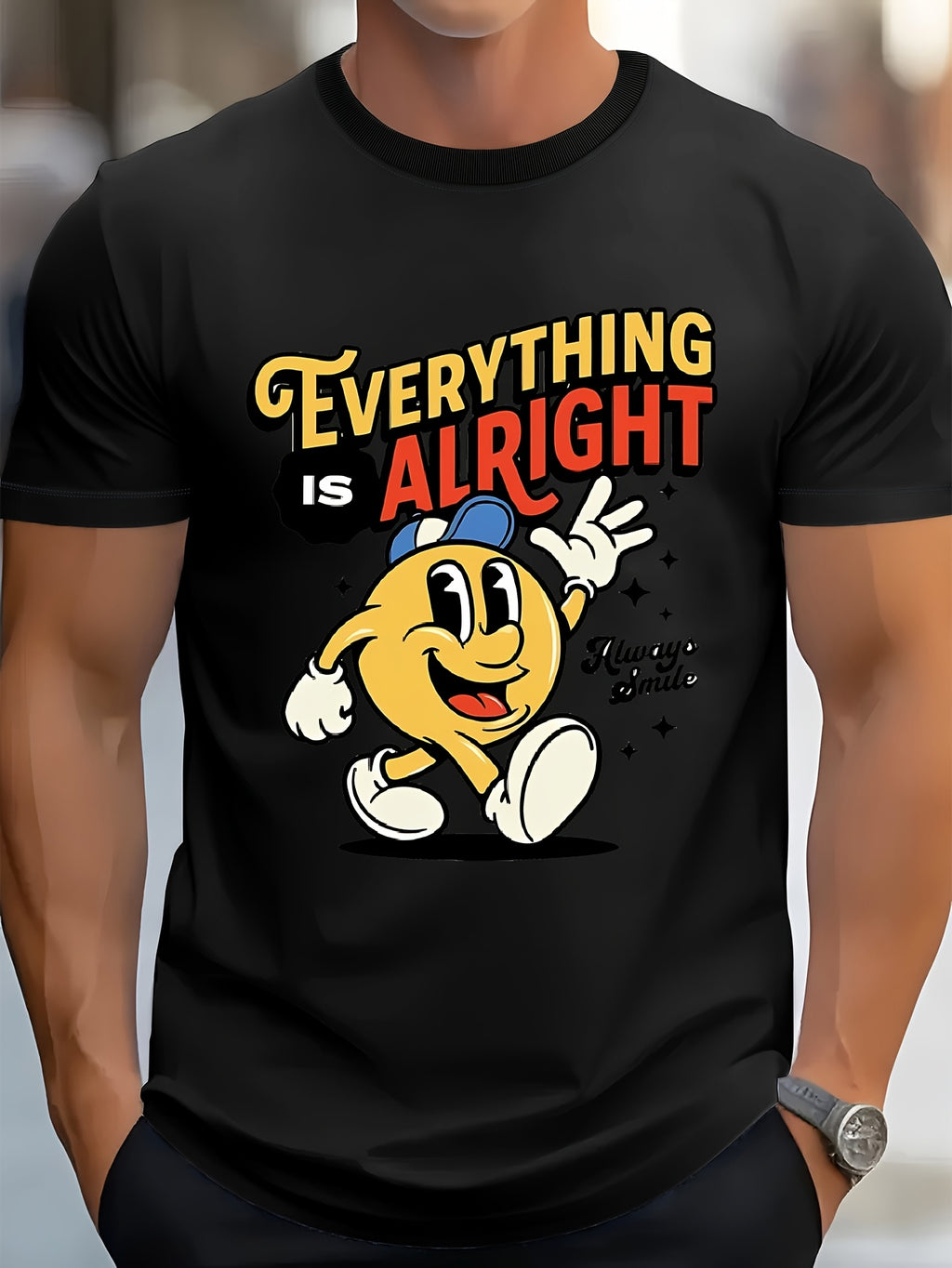 1pc Always Smiling Men's T Shirt with Everything Is Alright Graphic Print Breathable Short Sleeve Tee for Casual Outdoor & Parties Regular Fit in White Apricot Red Black Gray Blu Same Style for Men and Women 2026 Summer Short-sleeved Printed T-shirt