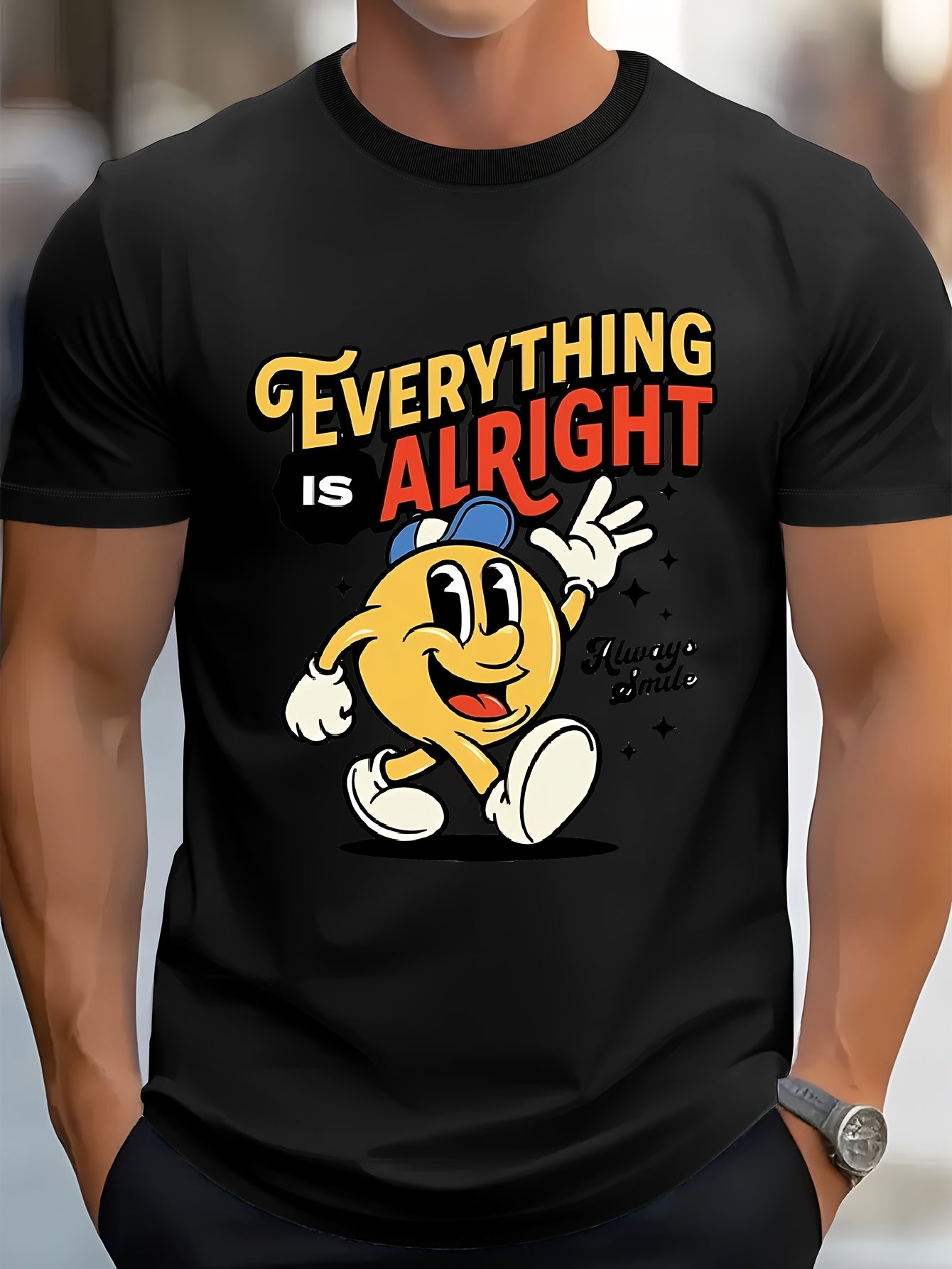 1pc Always Smiling Men's T Shirt with Everything Is Alright Graphic Print Breathable Short Sleeve Tee for Casual Outdoor & Parties Regular Fit in White Apricot Red Black Gray Blu Same Style for Men and Women 2026 Summer Short-sleeved Printed T-shirt