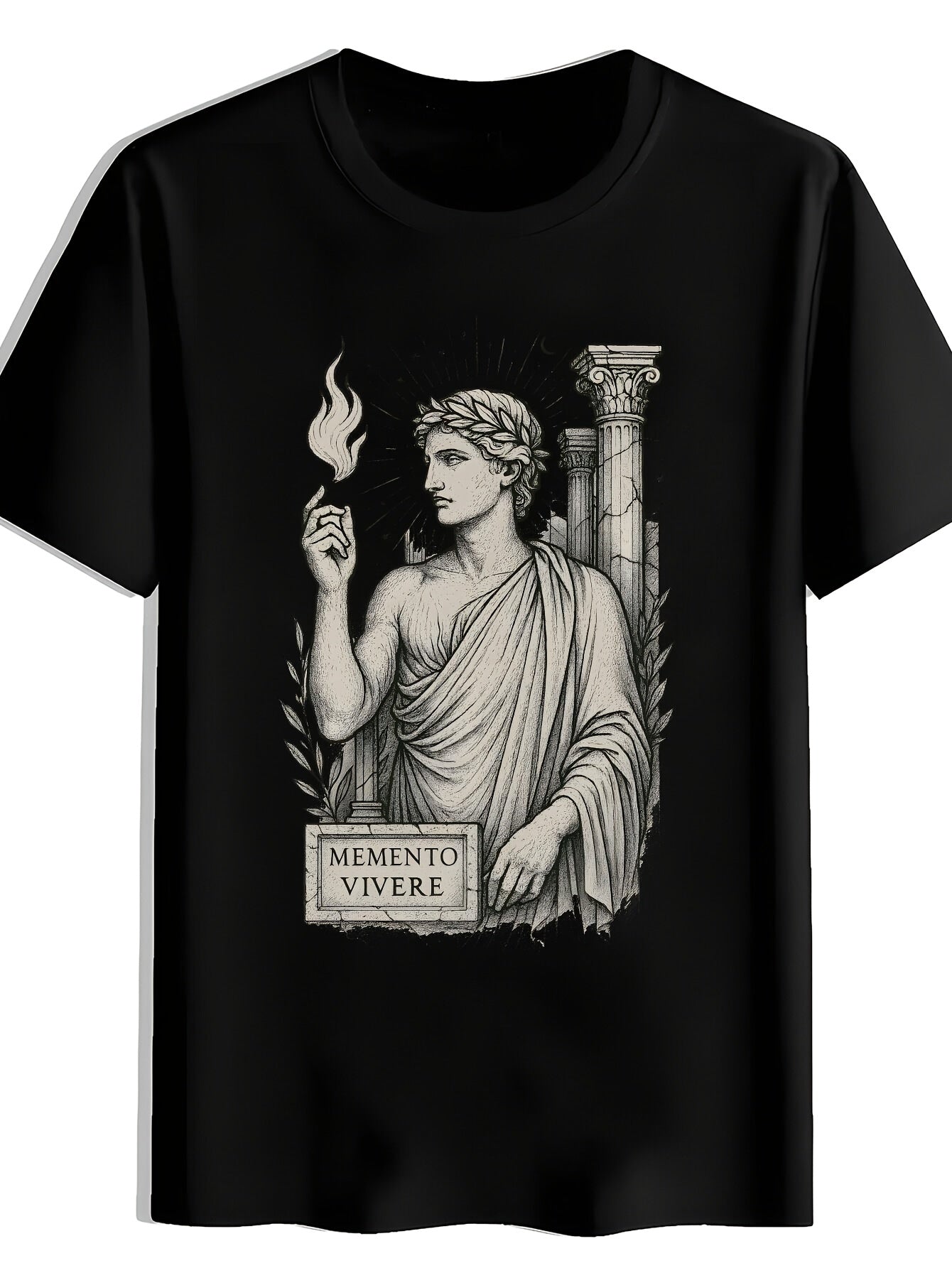 Men's T-Shirt Featuring Greek God Zeus And Greek Key Art - A Black And White Design Inspired by Ancient Greek Mythology Showcasing Zeus with a Lightning Bolt And a Memento Mori Inscription This Same Style for Men and Women 2026 Summer Short-sleeved
