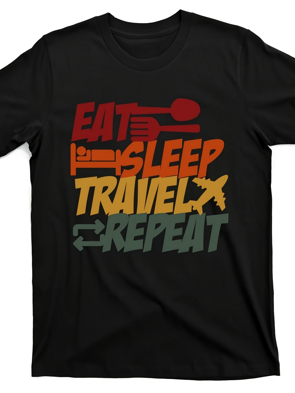 Eat Sleep Travel Repeat Men'S Graphic T-Shirt | Funny Travel Quote Design with Airplane & Spoon Icons, Super Soft Breathable Fabric, Comfort Fit, Casual Short Sleeve Tee with Multicolor Print, Crew Neck, Pullover Style, Regular Fit