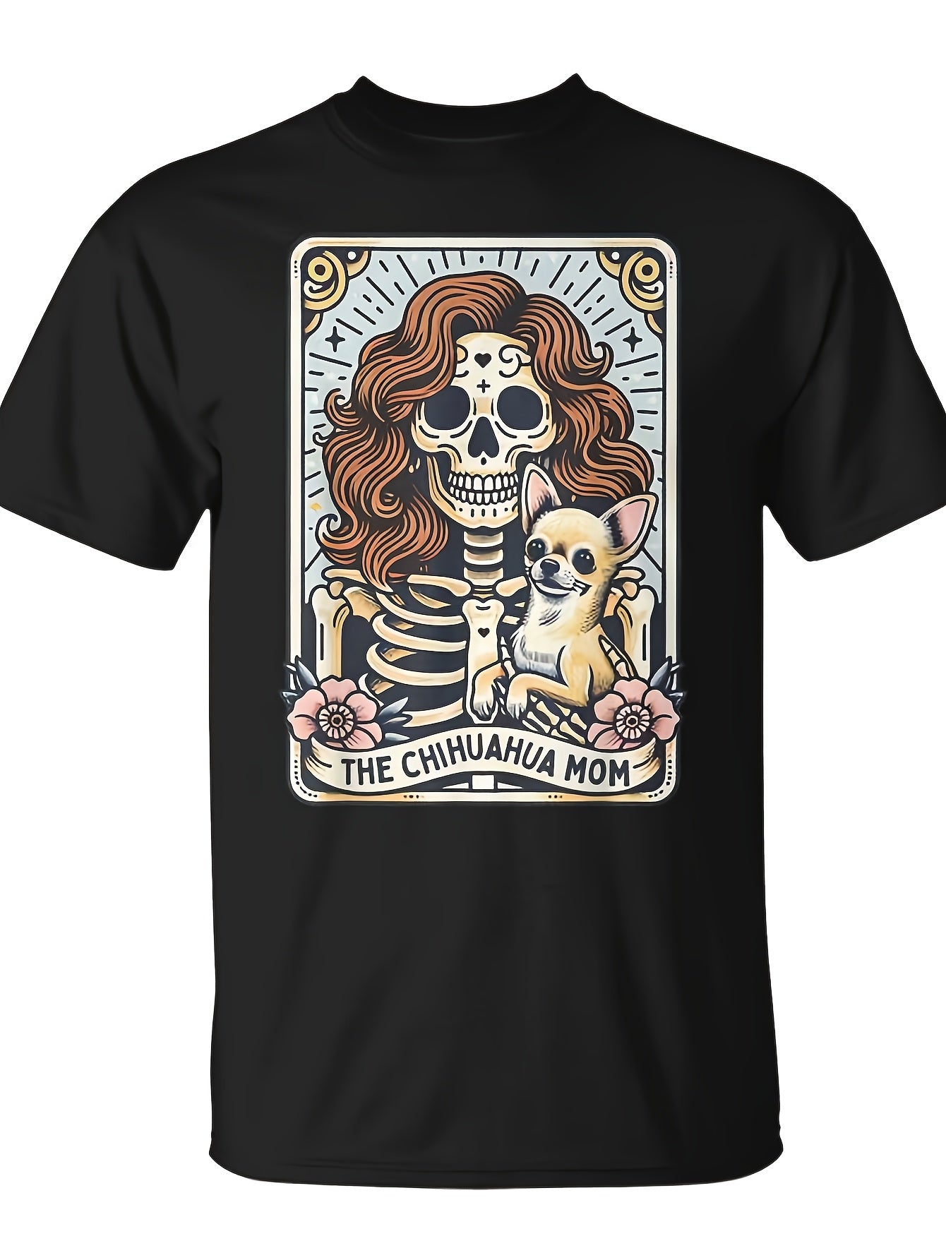 Chihuahua Mom Tarot Card Skeleton Mama Dog Lover Witchy Vibe T-Shirt - Monsterry Same Style for Men and Women 2026 Summer Short-sleeved Printed T-shirt 180G