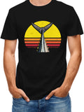 Men'S Casual T-Shirt with Fishing Graphic | Short Sleeve Round Neck Black with Yellow & Red Sunset Design Perfect for Outdoor Activities | Vintage Style, Regular Fit, 180G Fabric