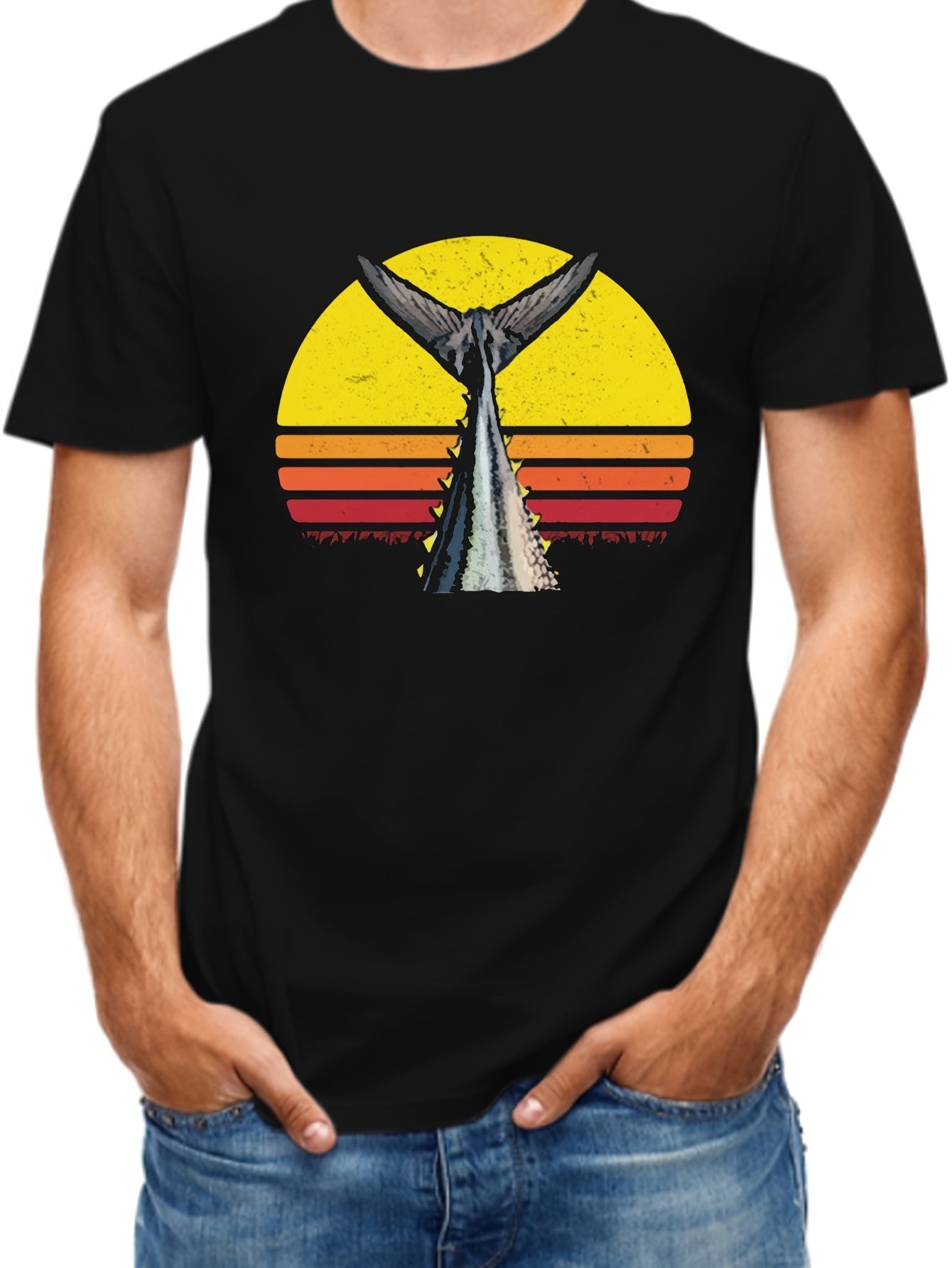 Men'S Casual T-Shirt with Fishing Graphic | Short Sleeve Round Neck Black with Yellow & Red Sunset Design Perfect for Outdoor Activities | Vintage Style, Regular Fit, 180G Fabric