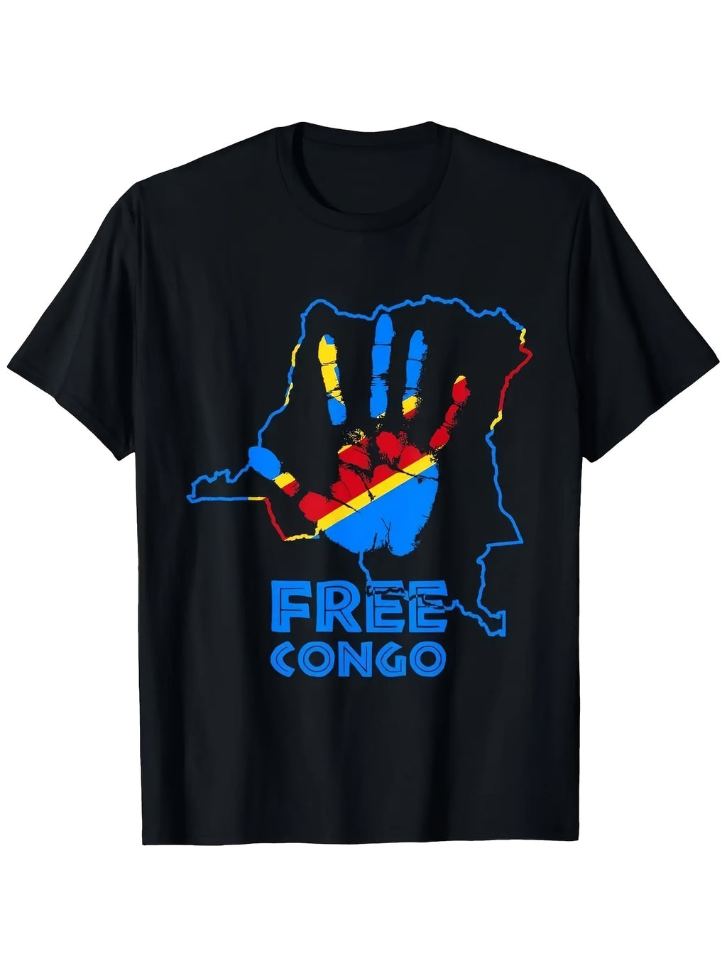 Men's Democratic Republic of Congo T-Shirt - Black with Congo Handprint & Flag Colors (Red Yellow Blue) FREE CONGO Lettering & DRC Map Outline - Soft Breathable Fabric Loose Fit Casual Short Sl Same Style for Men and Women 2026 Summer Short-sleeved