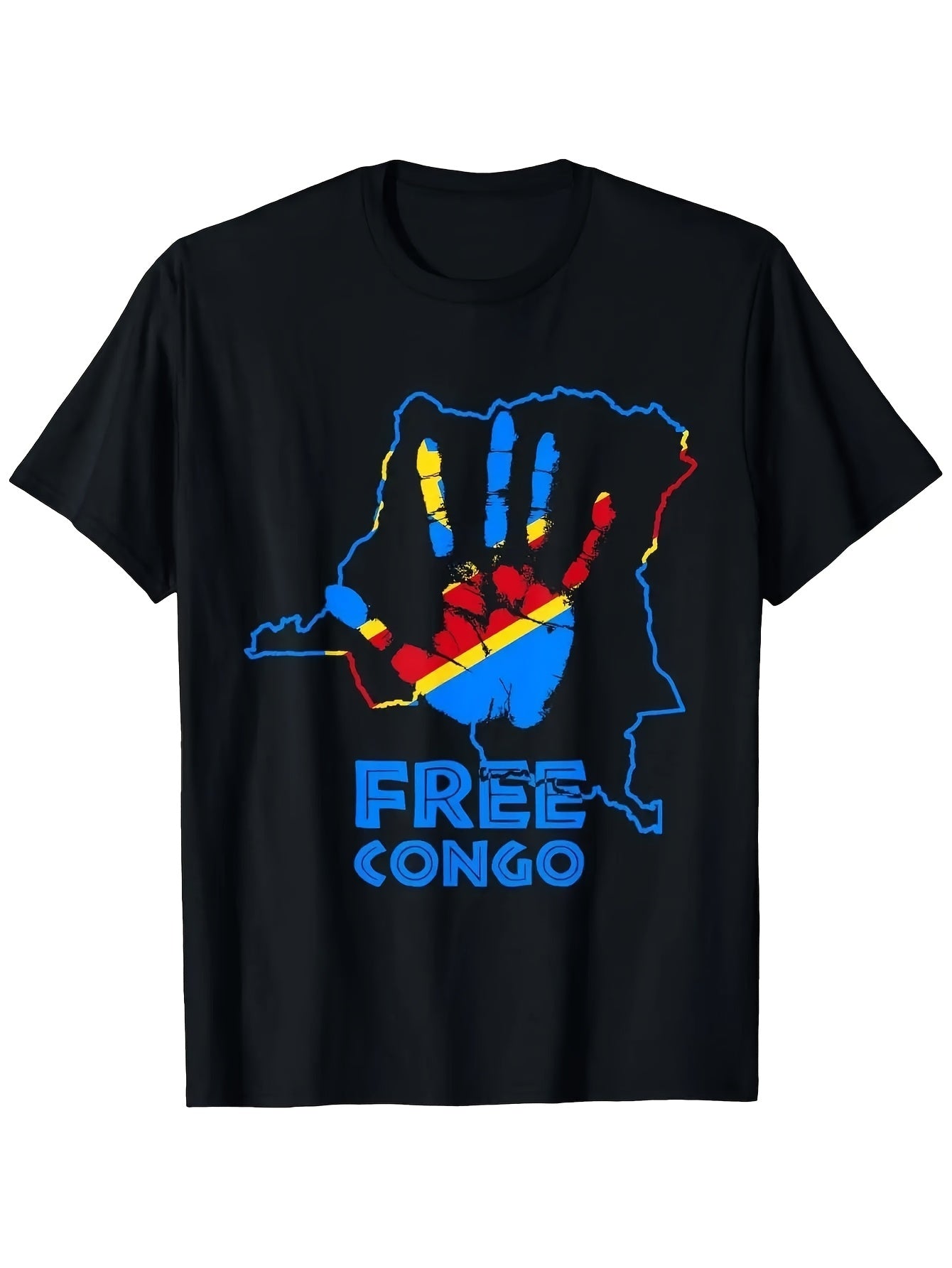 Men's Democratic Republic of Congo T-Shirt - Black with Congo Handprint & Flag Colors (Red Yellow Blue) FREE CONGO Lettering & DRC Map Outline - Soft Breathable Fabric Loose Fit Casual Short Sl Same Style for Men and Women 2026 Summer Short-sleeved