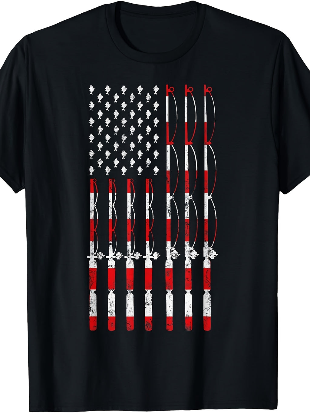 Fishing Pole American USA Flag Patriotic Fishing Gift T-Shirt | Same Style for Men and Women, 2026 Summer Short-Sleeved Printed T-Shirt, 180G, Vintage Crew Neck, Regular Fit