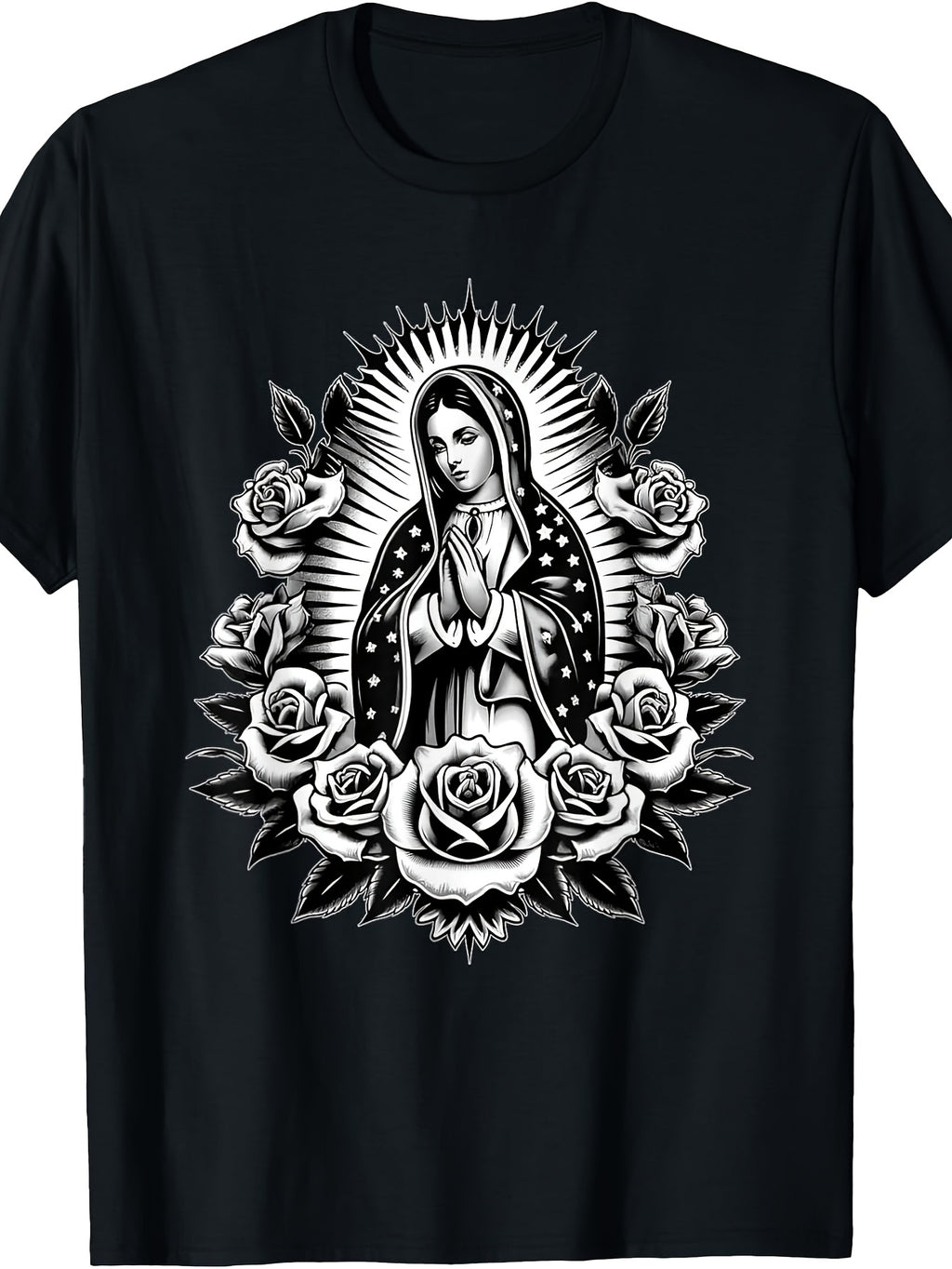 Cosas Mexicanas Apparel Co Virgen De Guadalupe Virgin Mary Virgencita Floral T-Shirt Small Black Same Style for Men and Women 2026 Summer Short-sleeved Printed T-shirt 180G