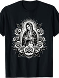 Cosas Mexicanas Apparel Co Virgen De Guadalupe Virgin Mary Virgencita Floral T-Shirt Small Black Same Style for Men and Women 2026 Summer Short-sleeved Printed T-shirt 180G