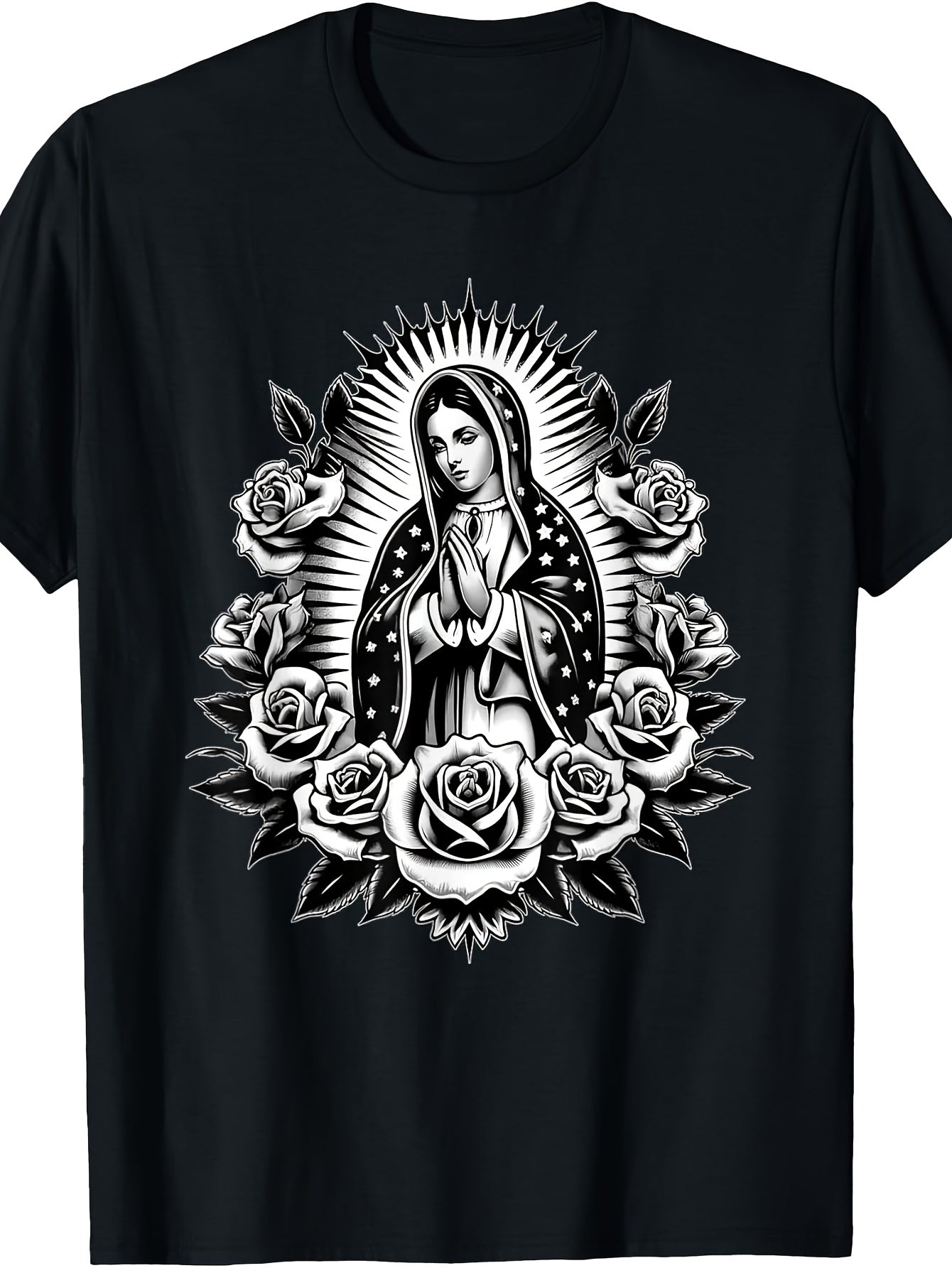 Cosas Mexicanas Apparel Co Virgen De Guadalupe Virgin Mary Virgencita Floral T-Shirt Small Black Same Style for Men and Women 2026 Summer Short-sleeved Printed T-shirt 180G