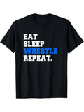 Casual Men'S T-Shirt Featuring a Geometric Print with The Phrase 'Eat Sleep Wrestle Repeat'. It'S Machine Washable And Ideal for Outdoor Activities And Training. Available in a Similar Style for Both Men And Women