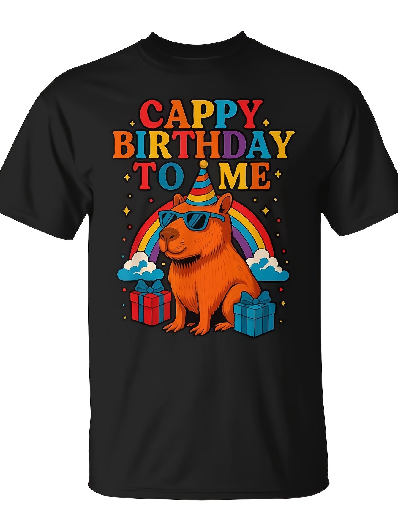 Cappy Birthday To Me Cool Capybara Rainbow Birthday Party T-Shirt | Seseable Same Style For Men And Women, 2026 Summer Short-Sleeved Printed T-Shirt, 180G, All-Season, Vintage, Crew Neck, Slight Stretch Fabric, Regular Fit