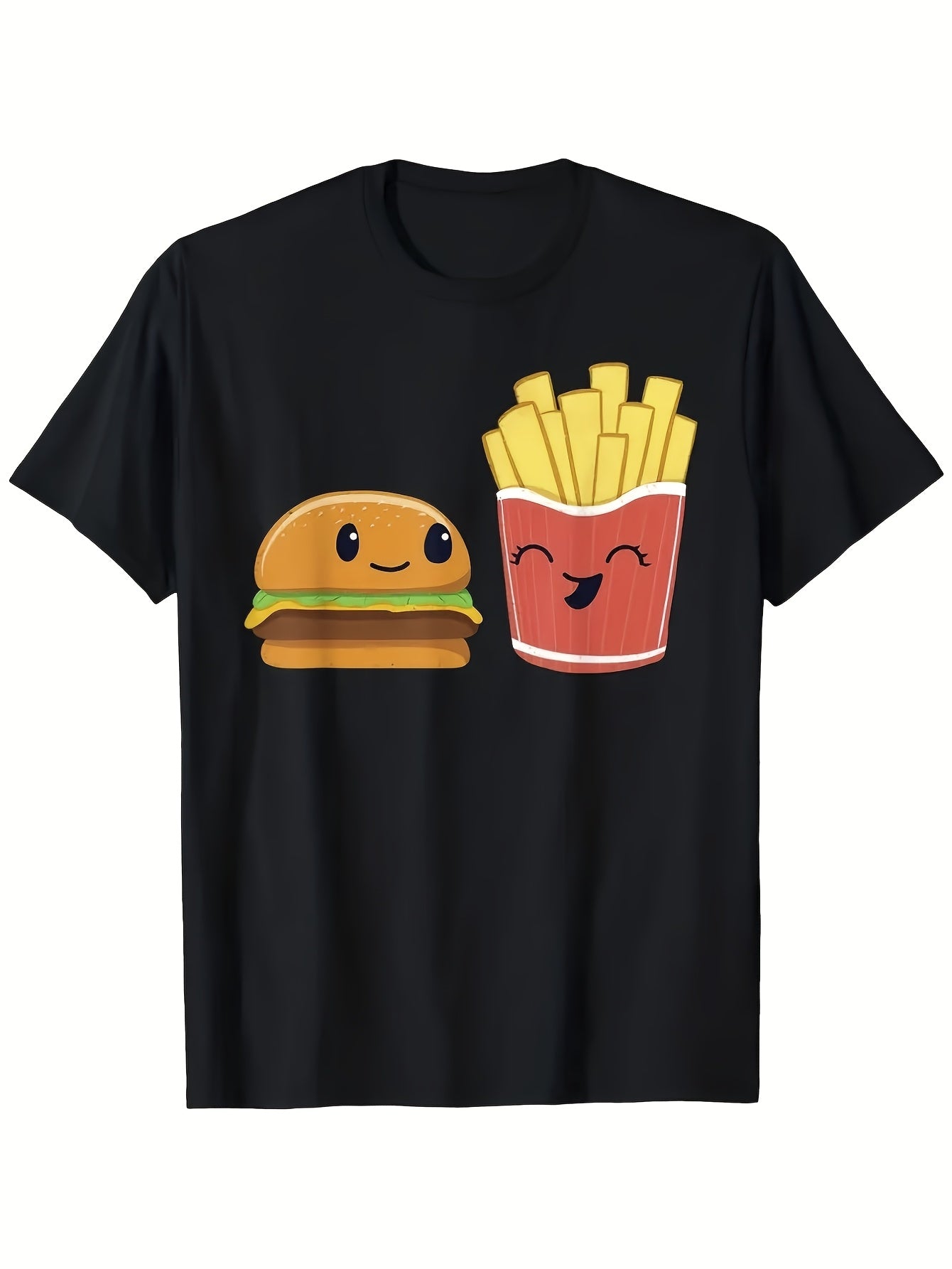 Men's Funny Foodie Graphic T-Shirt - Black Casual Everyday Tee with Smiling Burger & French Fries - Soft Breathable Shirt for Fast Food Lovers & Themed Events - Machine Washable Funny Gift Same Style for Men and Women 2026 Summer Short-sleeved