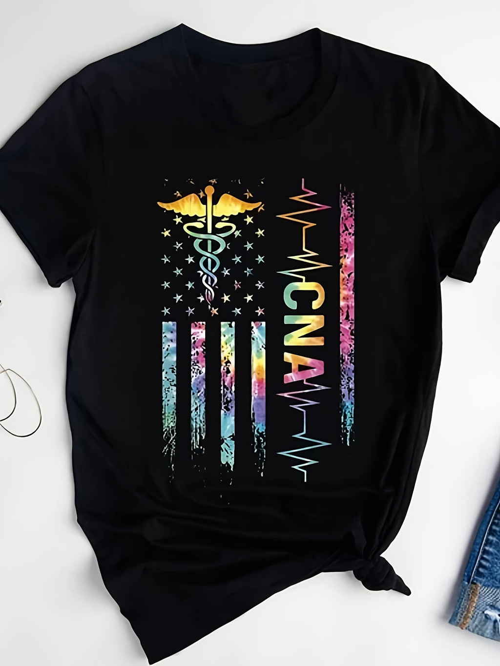 CNA American Flag T-Shirt Tie Dye Certified Nursing Assistant Shirt CNA T-S Same Style for Men and Women 2026 Summer Short-sleeved Printed T-shirt 220G