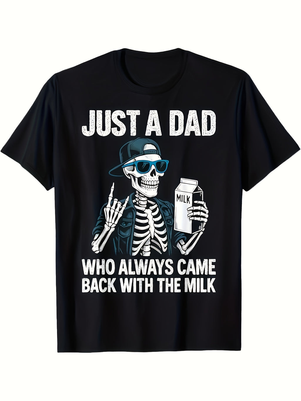 Men'S Funny Dad T-Shirt - Just a Dad Who Always Came Back with The Milk | Skeleton Milk Carton Graphic, Black, Short Sleeve, Crew Neck, Casual, Machine Washable, All-Season Comfort, Vintage Style, Regular Fit, 180G Fabric
