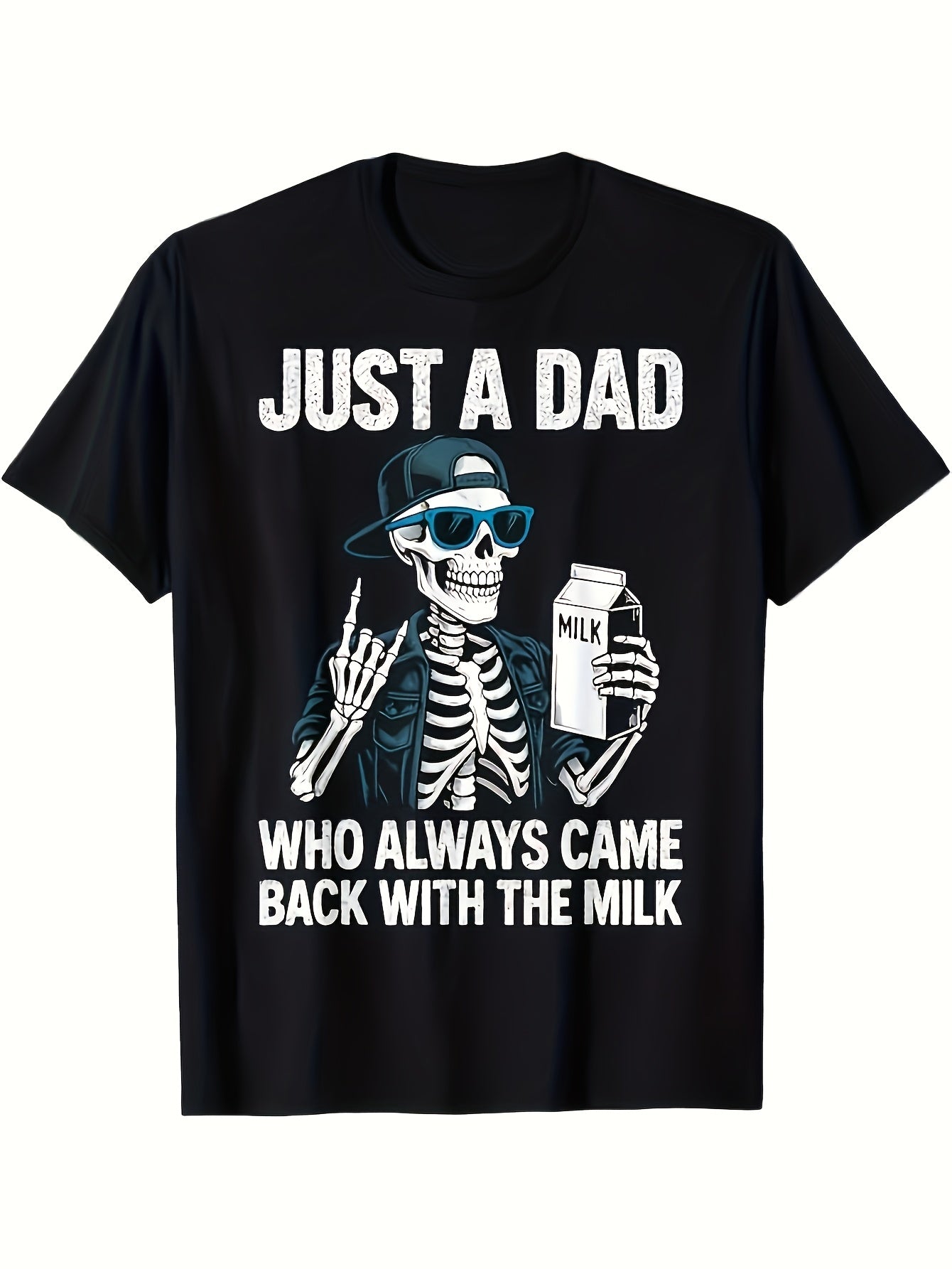 Men'S Funny Dad T-Shirt - Just a Dad Who Always Came Back with The Milk | Skeleton Milk Carton Graphic, Black, Short Sleeve, Crew Neck, Casual, Machine Washable, All-Season Comfort, Vintage Style, Regular Fit, 180G Fabric