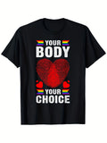 Ally Gender Diversity Pride T-Shirt | Black Casual Short Sleeve Crew Neck with "Your Body Your Choice" Slogan and Rainbow Heart Design, Machine Washable, Regular Fit, Suitable for Casual Wear, Same Style for Men and Women