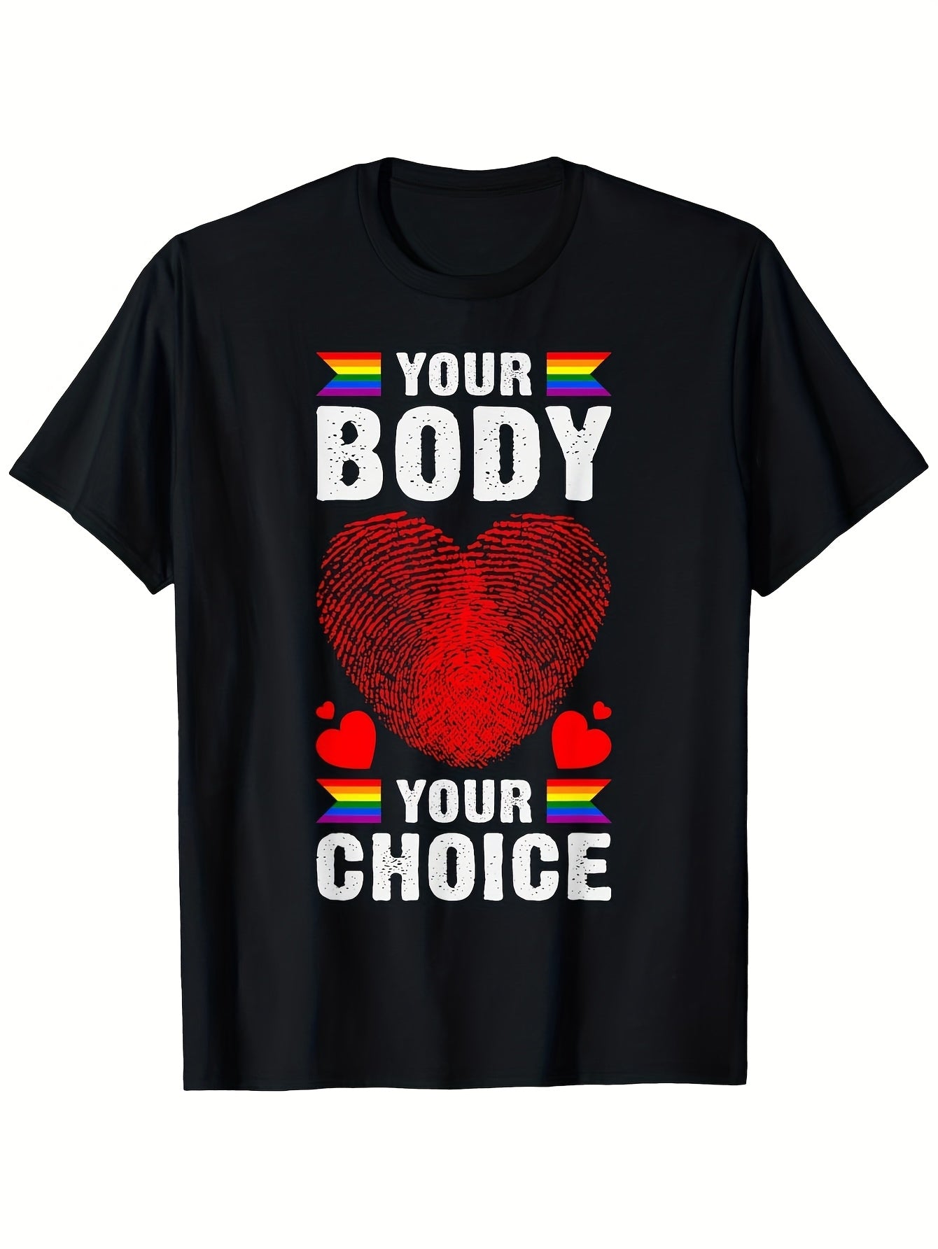 Ally Gender Diversity Pride T-Shirt | Black Casual Short Sleeve Crew Neck with "Your Body Your Choice" Slogan and Rainbow Heart Design, Machine Washable, Regular Fit, Suitable for Casual Wear, Same Style for Men and Women