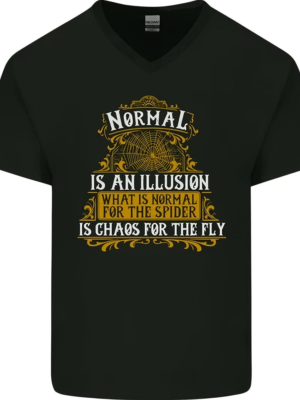 The Slogan 'Normal Is an Illusion' Is Featured on a Men'S V-Neck T-Shirt, Designed in a Similar Style for Both Men And Women. This Short-Sleeved Printed T-Shirt Is Part of The Summer Collection for 2026 And Weighs 6.35 oz