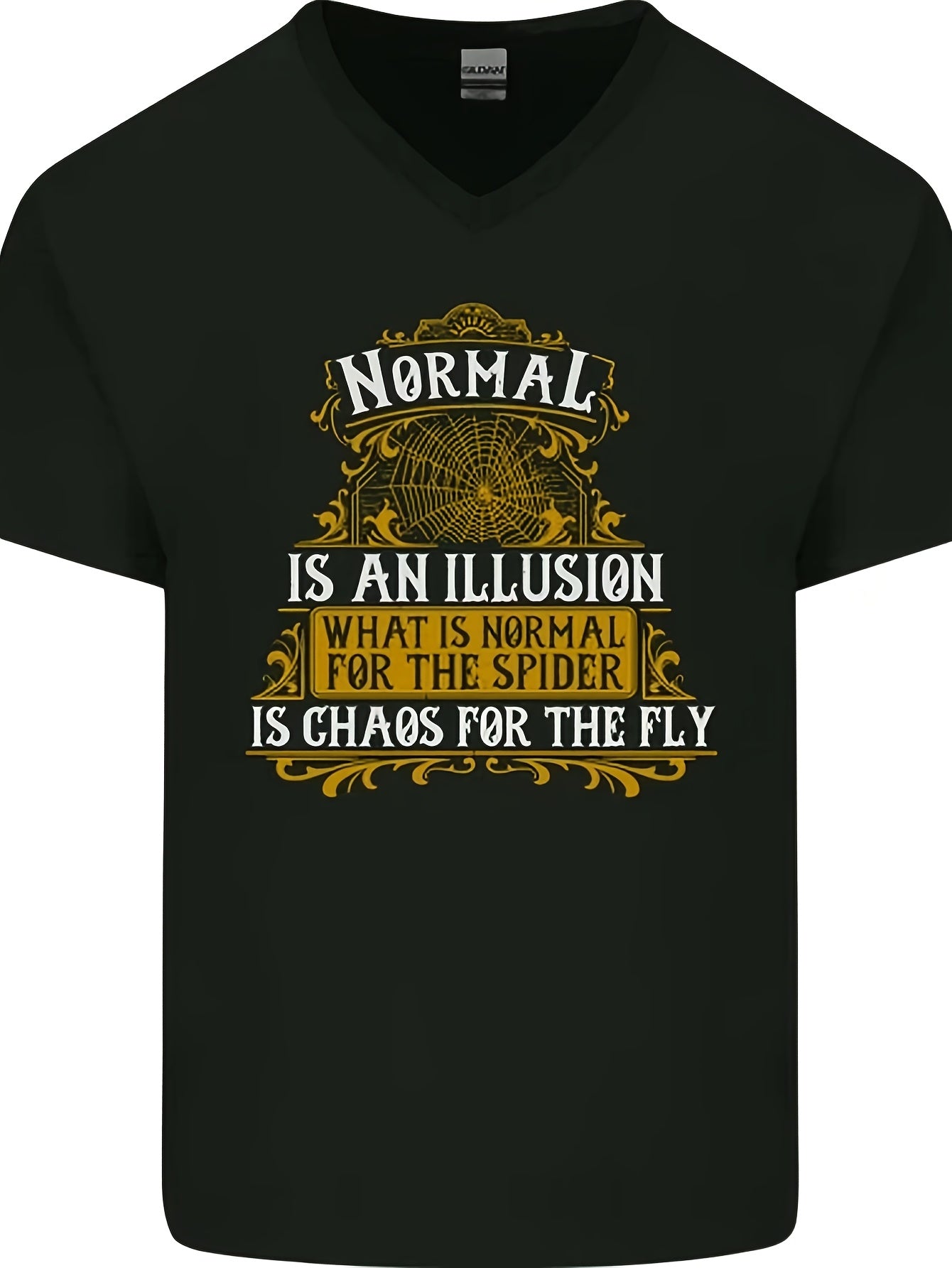 The Slogan 'Normal Is an Illusion' Is Featured on a Men'S V-Neck T-Shirt, Designed in a Similar Style for Both Men And Women. This Short-Sleeved Printed T-Shirt Is Part of The Summer Collection for 2026 And Weighs 6.35 oz