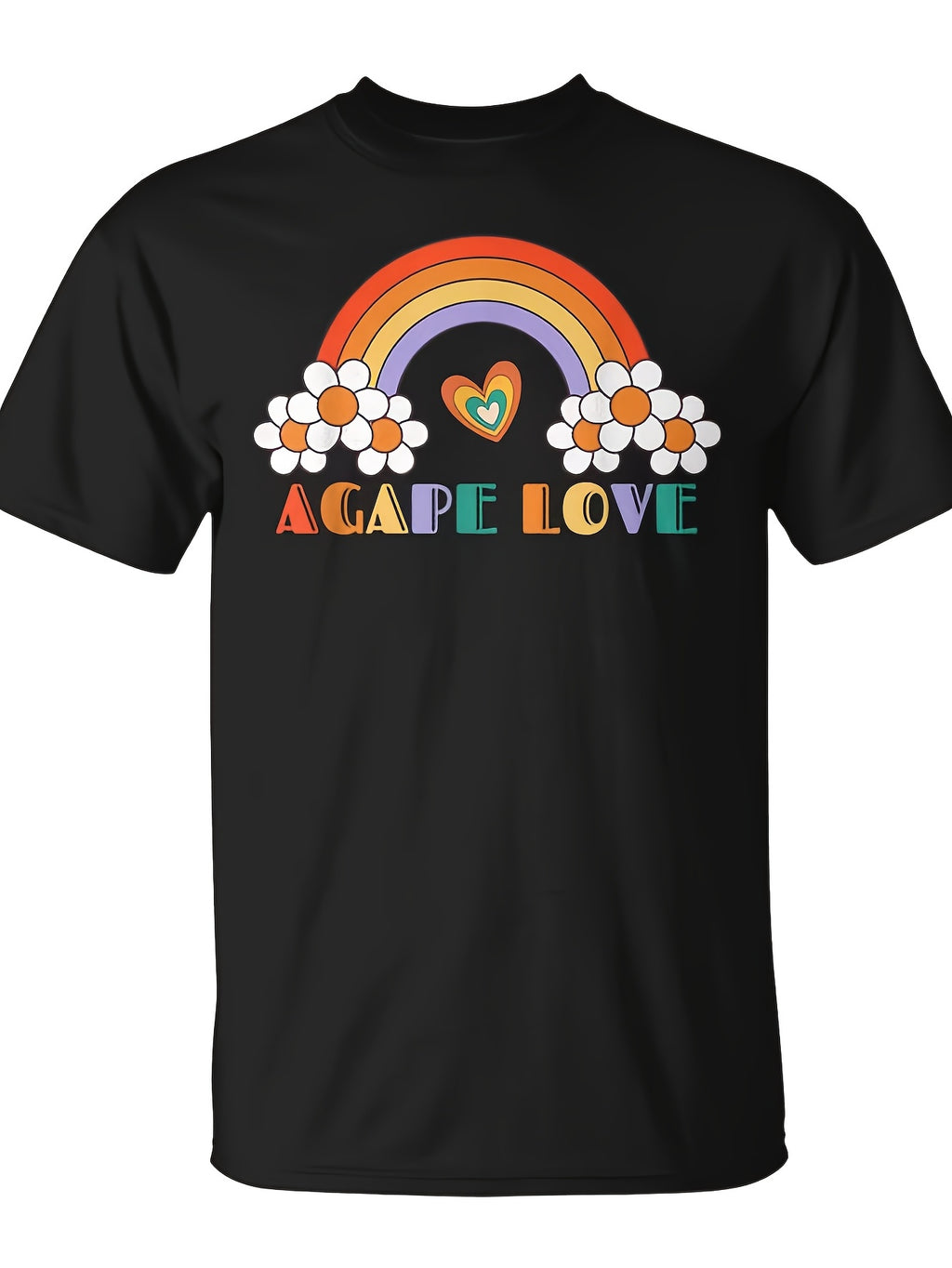 Agape Love Rainbow Heart Inspirational Christian T-Shirt | Same Style For Men And Women, 2026 Summer Short-Sleeved Printed, 180G, Crew Neck, Slight Stretch Fabric, Regular Fit