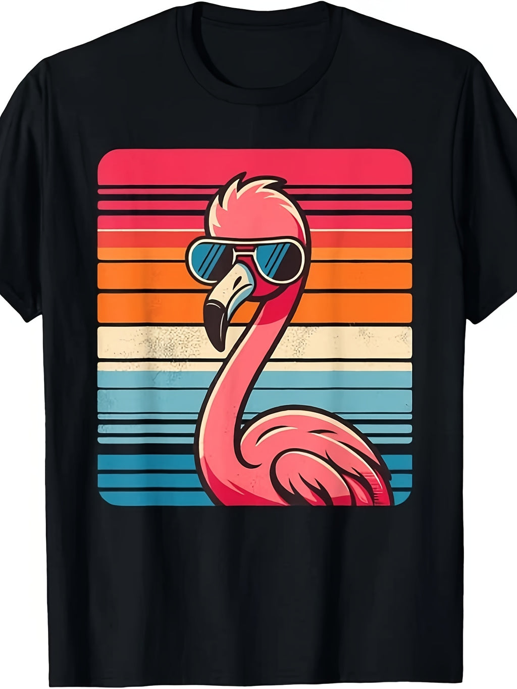 Stylish Retro Flamingo Wearing Glasses from The 70S, 80S, And 90S - Humorous Flamingo Tee for Both Genders, Summer 2026 Short-Sleeve Graphic T-Shirt, 220G
