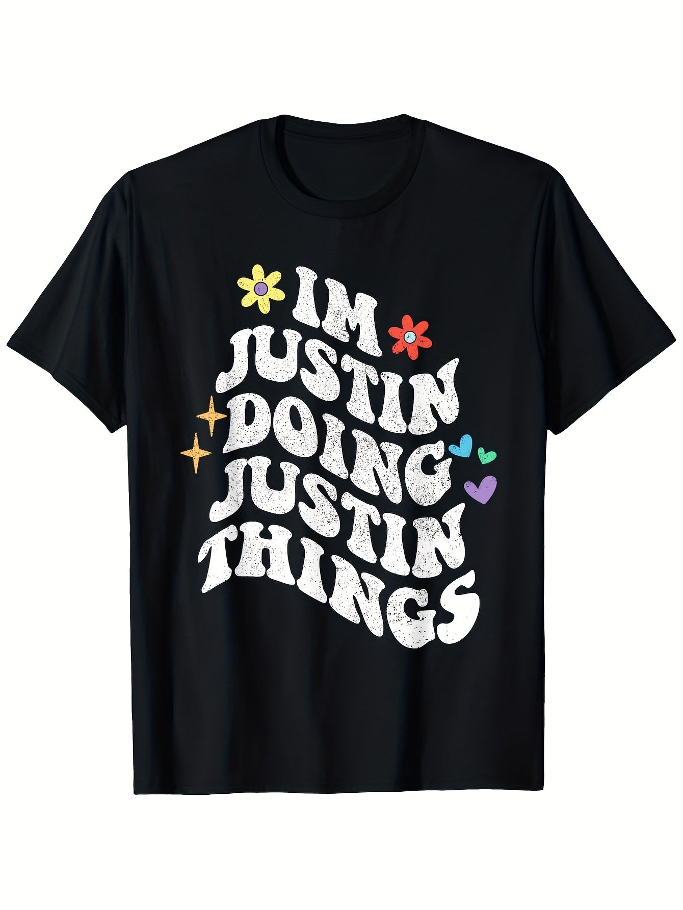 Men's Funny I'm Justin Doing Justin Things Retro Graphic T-Shirt - Black with White Print & Multicolor Stars & Hearts - Casual Short Sleeve Round Neck Tee for Casual Attire Pop Culture Humor A Same Style for Men and Women 2026 Summer Short-sleeved
