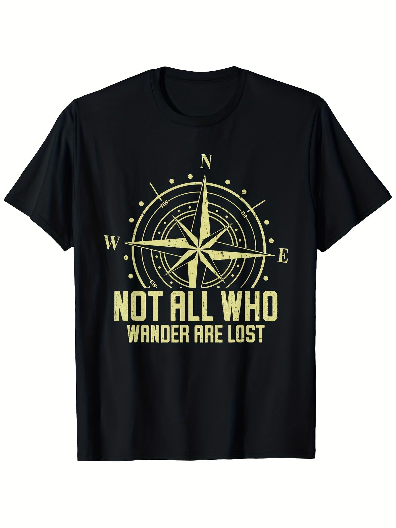 Men'S Casual Black Tee Featuring The Phrase 'Not All Who Wander Are Lost' with a Compass Design. Made from 100%, Available in Sizes S to XXXL, Perfect for Summer Outdoor Activities And Casual Wear. This Bold Graphic Shirt Is Comfortable And Comes in
